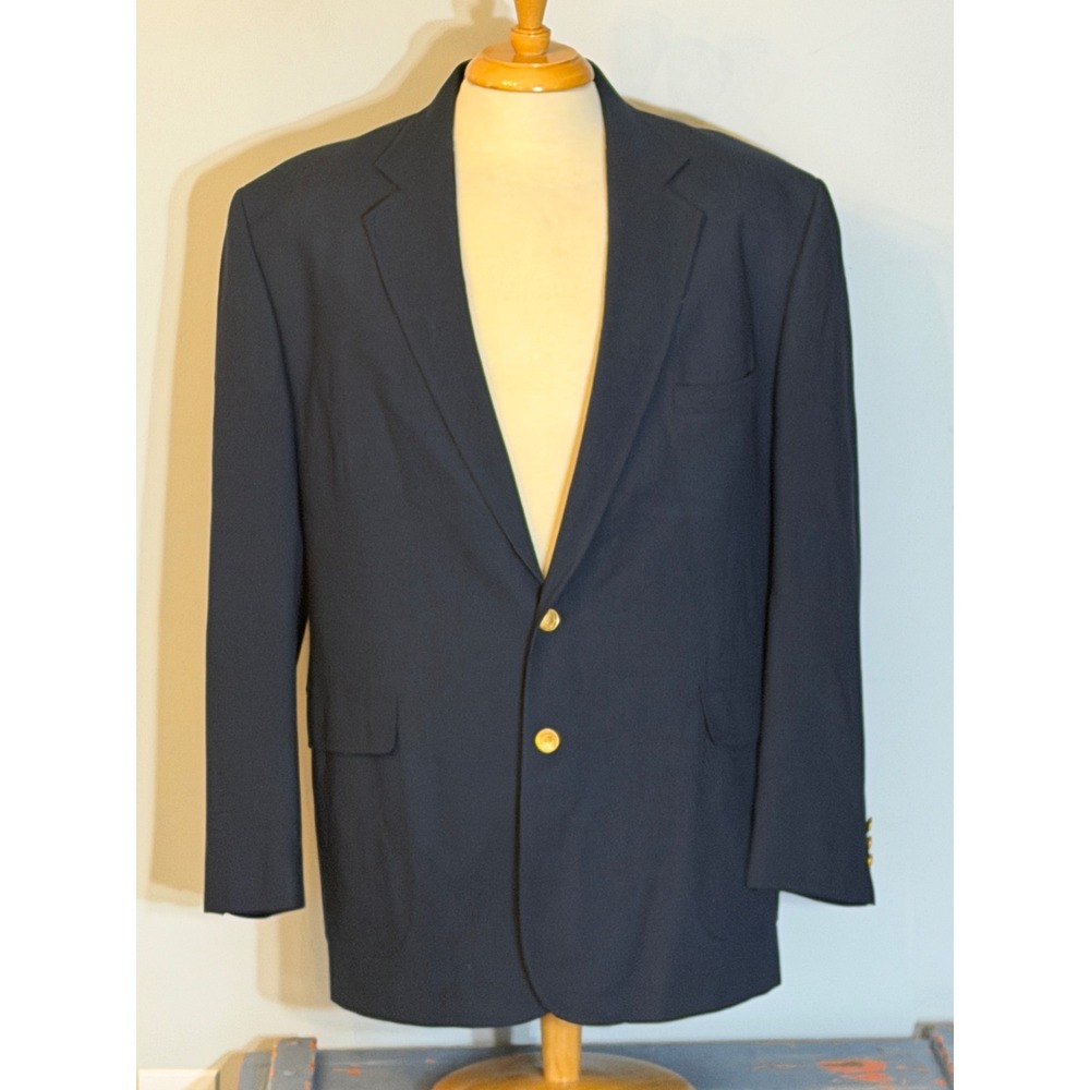 Edwards Mens Navy Blue Two Button Blazer Gold Crest Buttons Hopsack Sport Coat